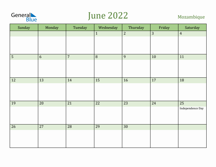 June 2022 Calendar with Mozambique Holidays