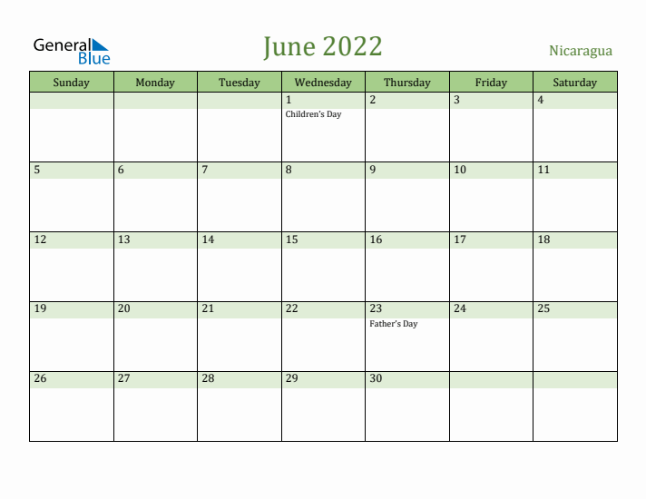 June 2022 Calendar with Nicaragua Holidays