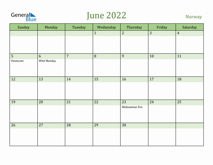 June 2022 Calendar with Norway Holidays