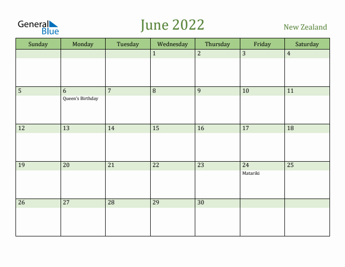 June 2022 Calendar with New Zealand Holidays