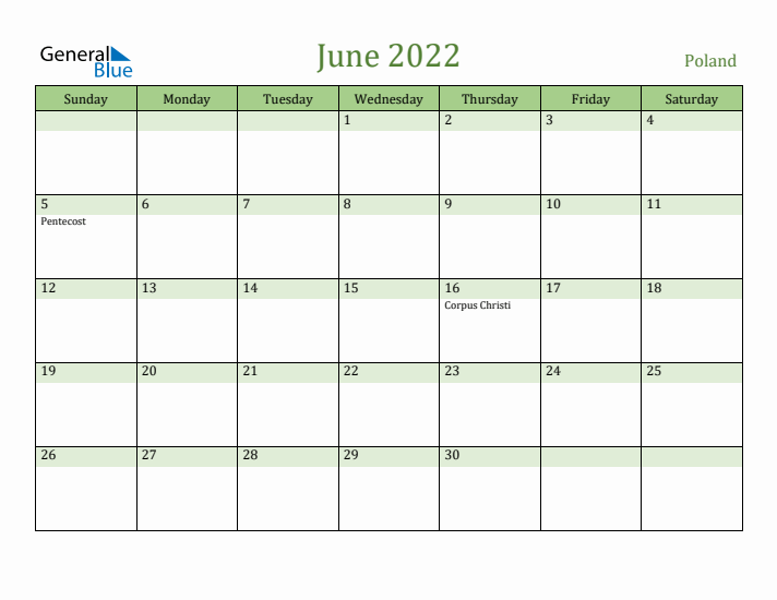 June 2022 Calendar with Poland Holidays