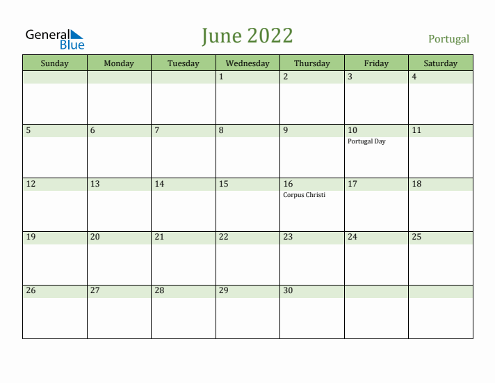 June 2022 Calendar with Portugal Holidays