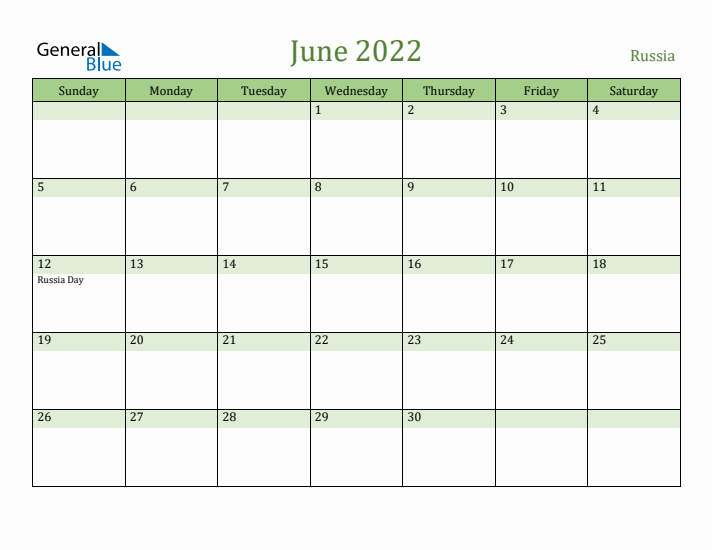 June 2022 Calendar with Russia Holidays