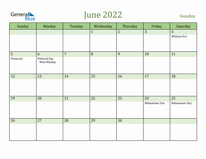 June 2022 Calendar with Sweden Holidays