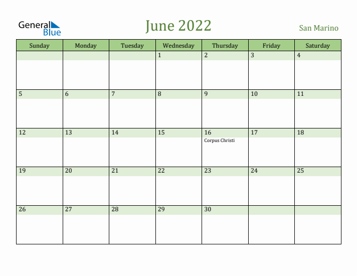 June 2022 Calendar with San Marino Holidays