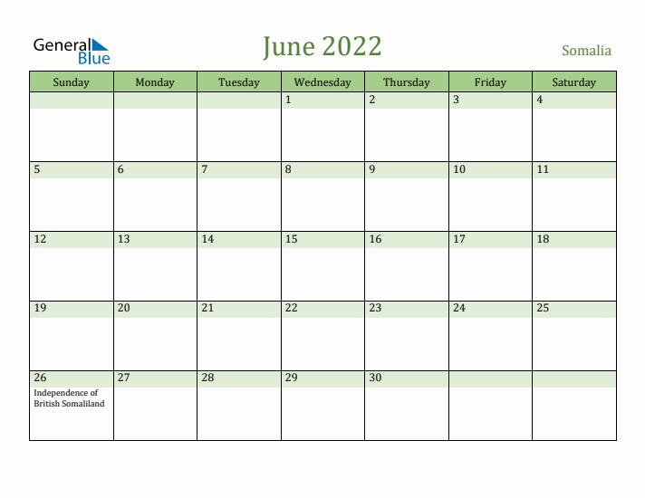 June 2022 Calendar with Somalia Holidays