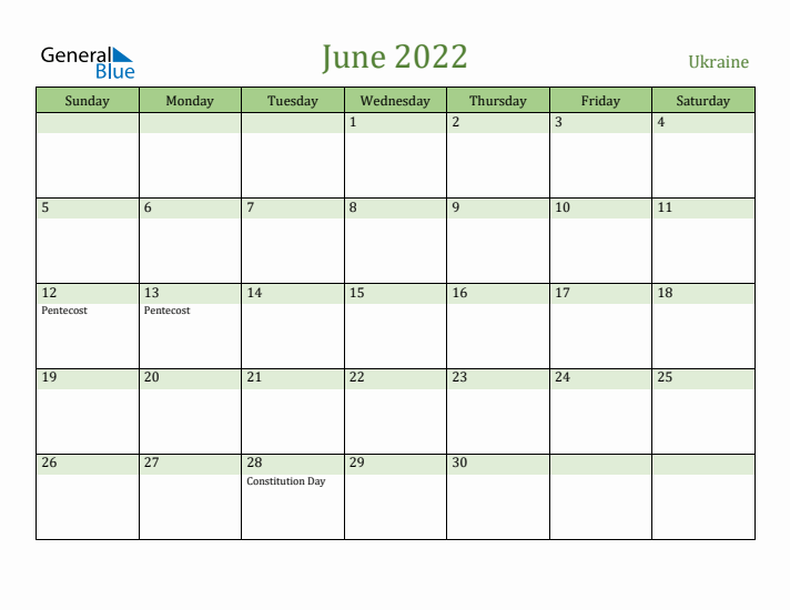 June 2022 Calendar with Ukraine Holidays