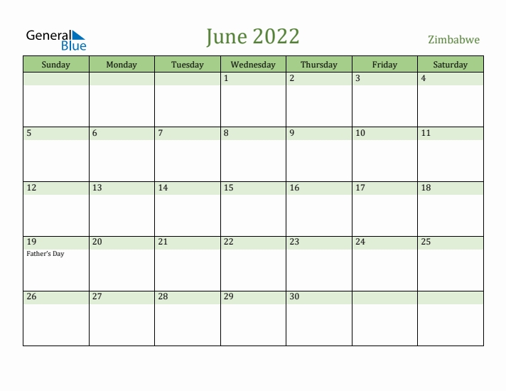 June 2022 Calendar with Zimbabwe Holidays