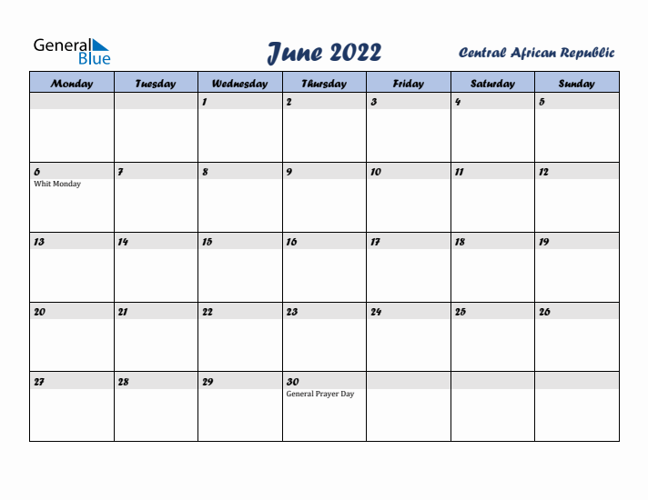 June 2022 Calendar with Holidays in Central African Republic