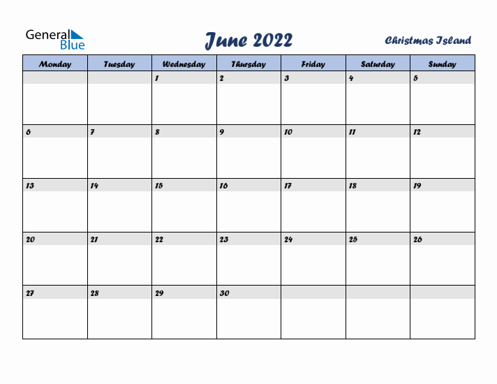 June 2022 Calendar with Holidays in Christmas Island