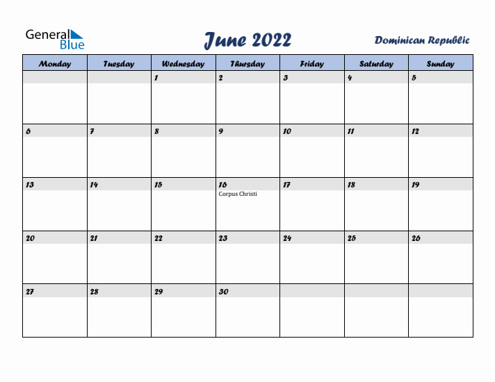 June 2022 Calendar with Holidays in Dominican Republic