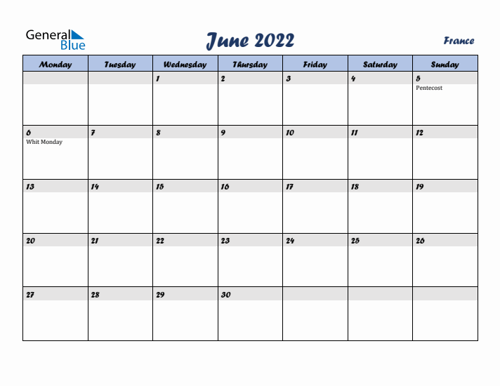 June 2022 Calendar with Holidays in France