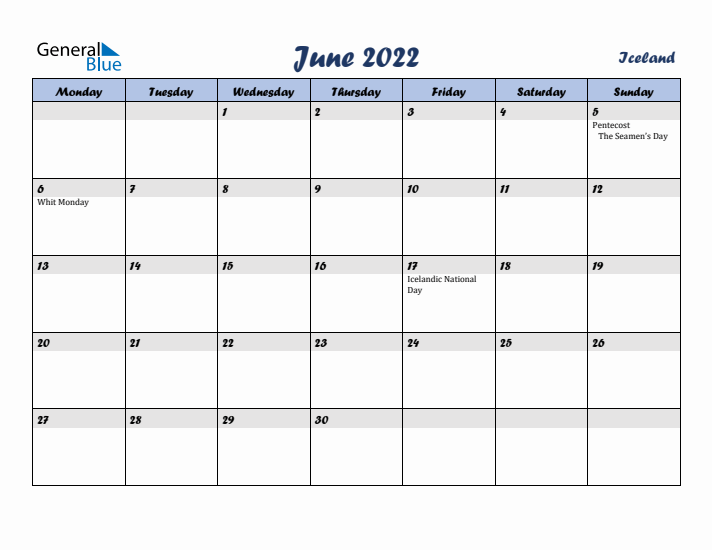 June 2022 Calendar with Holidays in Iceland