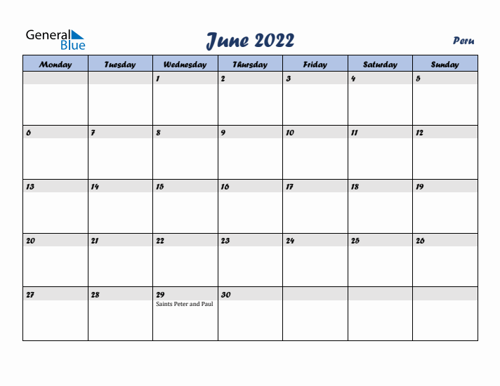 June 2022 Calendar with Holidays in Peru