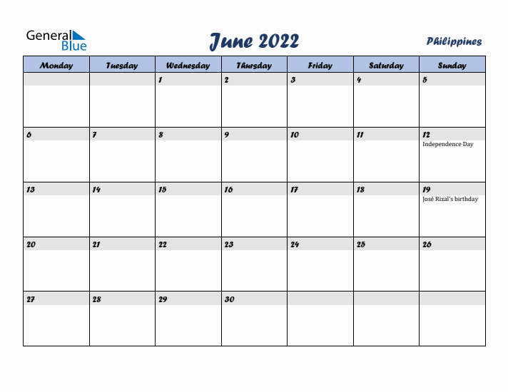 June 2022 Calendar with Holidays in Philippines