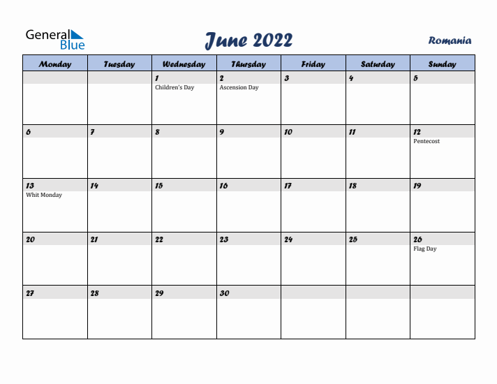 June 2022 Calendar with Holidays in Romania