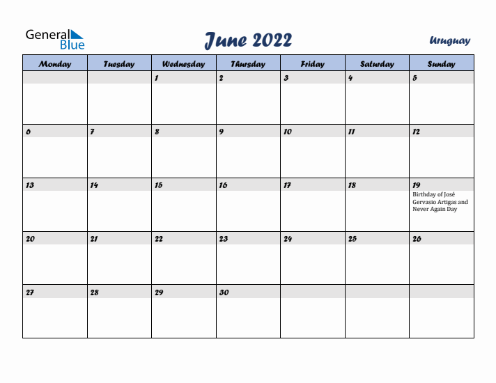 June 2022 Calendar with Holidays in Uruguay