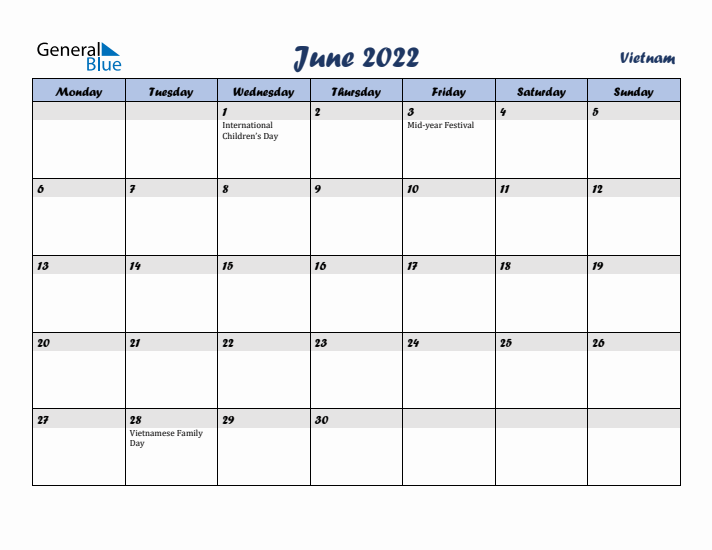 June 2022 Calendar with Holidays in Vietnam