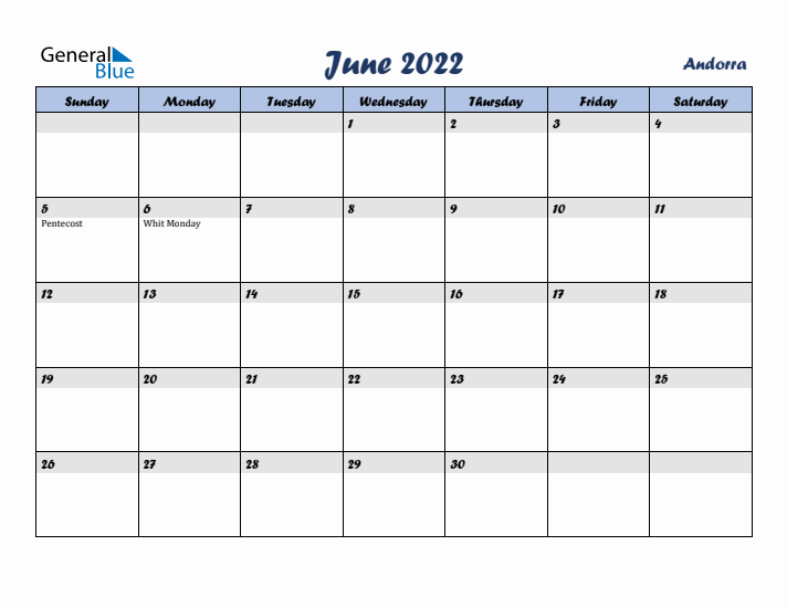 June 2022 Calendar with Holidays in Andorra