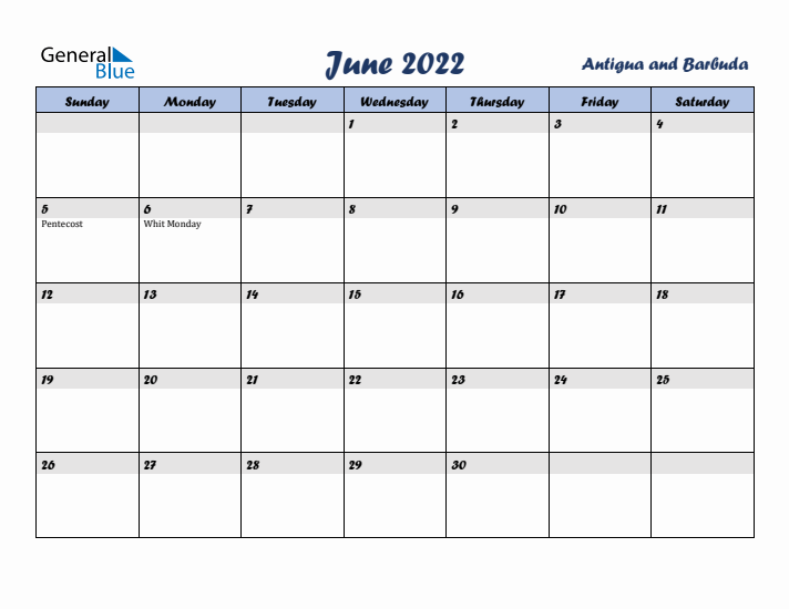 June 2022 Calendar with Holidays in Antigua and Barbuda