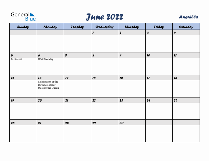 June 2022 Calendar with Holidays in Anguilla