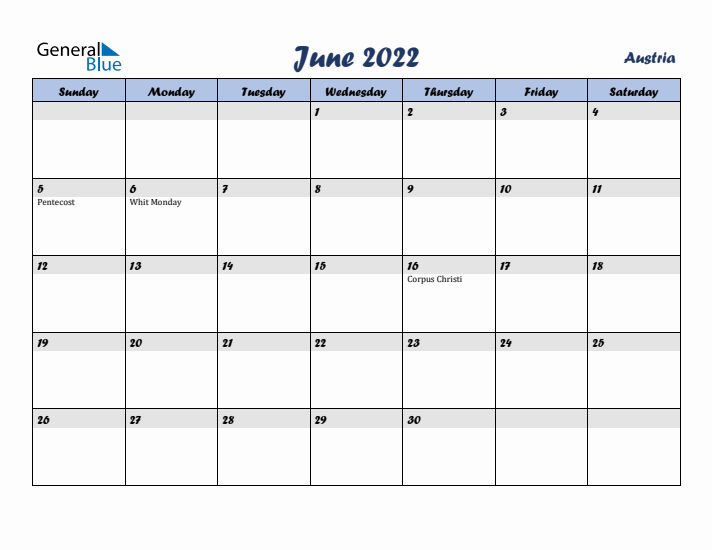 June 2022 Calendar with Holidays in Austria