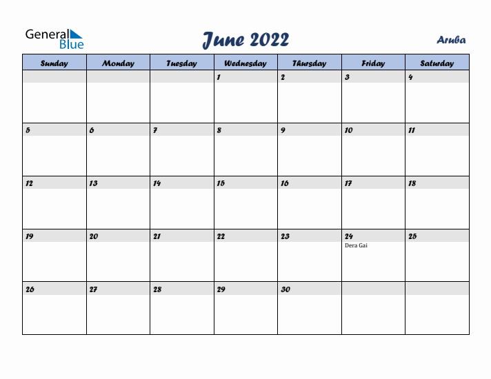 June 2022 Calendar with Holidays in Aruba