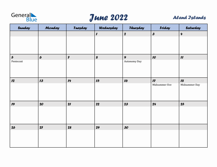 June 2022 Calendar with Holidays in Aland Islands