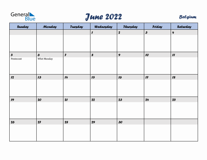 June 2022 Calendar with Holidays in Belgium