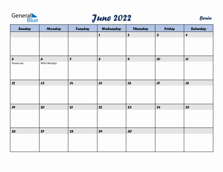 June 2022 Calendar with Holidays in Benin