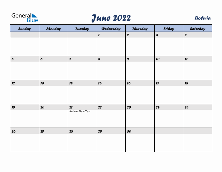 June 2022 Calendar with Holidays in Bolivia