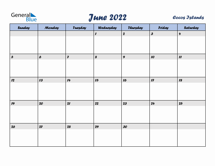 June 2022 Calendar with Holidays in Cocos Islands