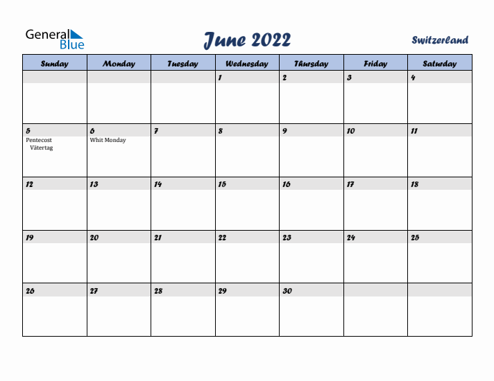 June 2022 Calendar with Holidays in Switzerland