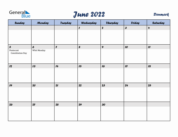 June 2022 Calendar with Holidays in Denmark