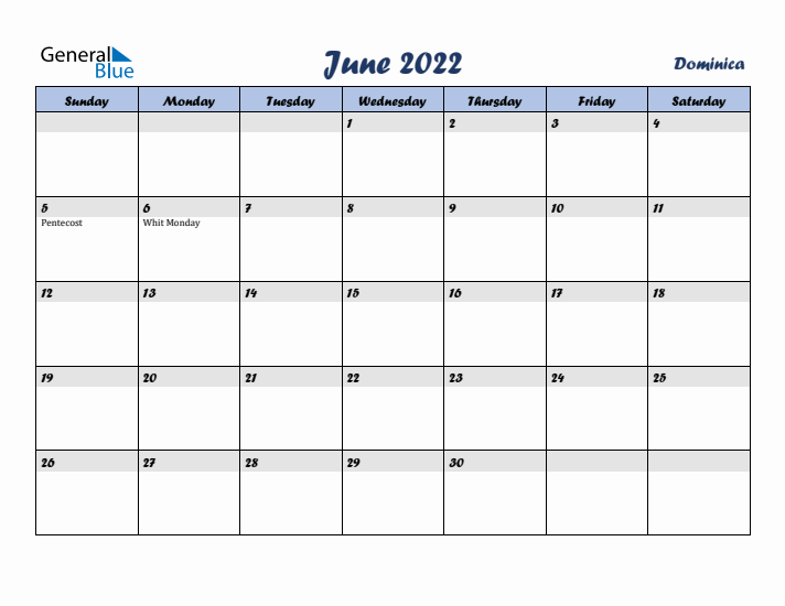 June 2022 Calendar with Holidays in Dominica