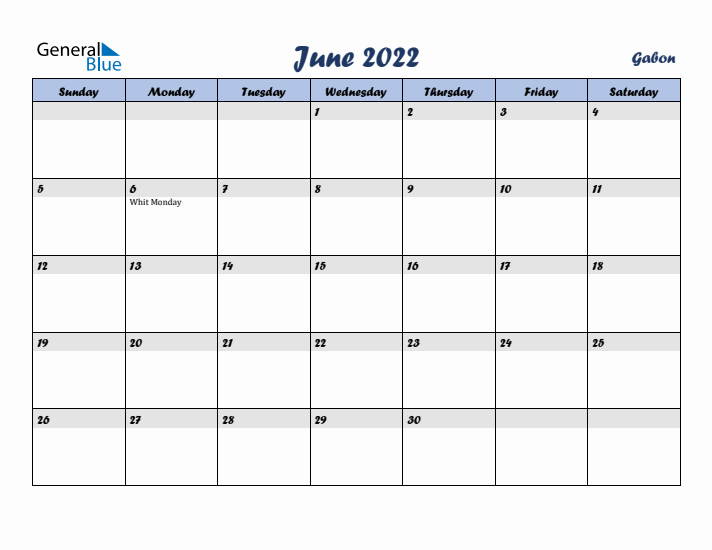 June 2022 Calendar with Holidays in Gabon