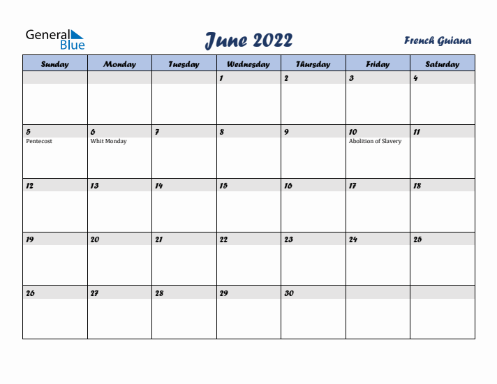 June 2022 Calendar with Holidays in French Guiana