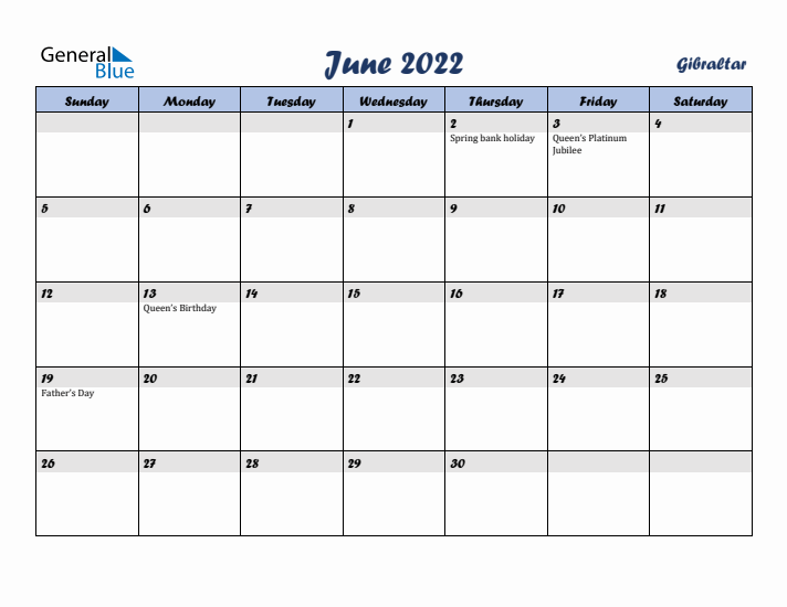 June 2022 Calendar with Holidays in Gibraltar