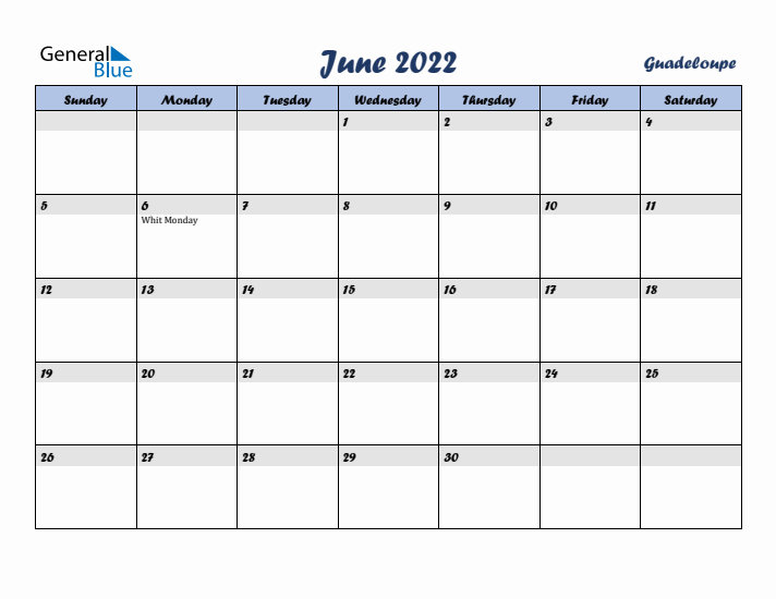 June 2022 Calendar with Holidays in Guadeloupe