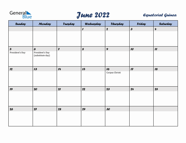 June 2022 Calendar with Holidays in Equatorial Guinea