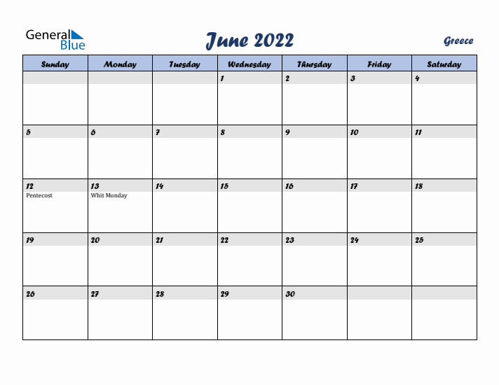 June 2022 Calendar with Holidays in Greece