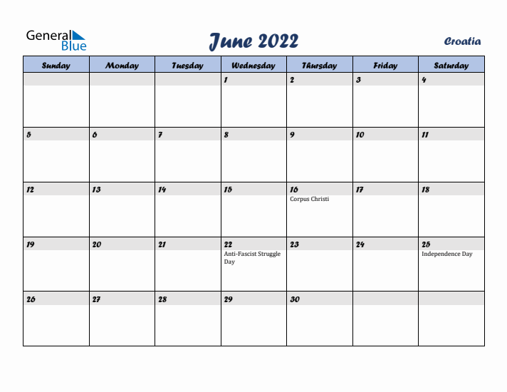 June 2022 Calendar with Holidays in Croatia