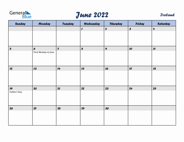 June 2022 Calendar with Holidays in Ireland