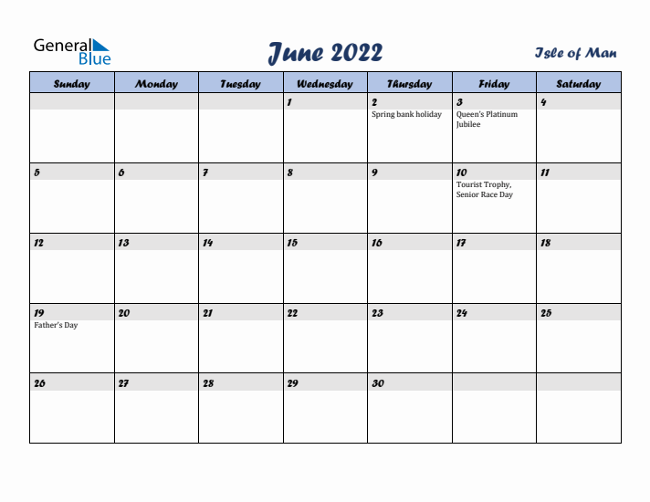 June 2022 Calendar with Holidays in Isle of Man