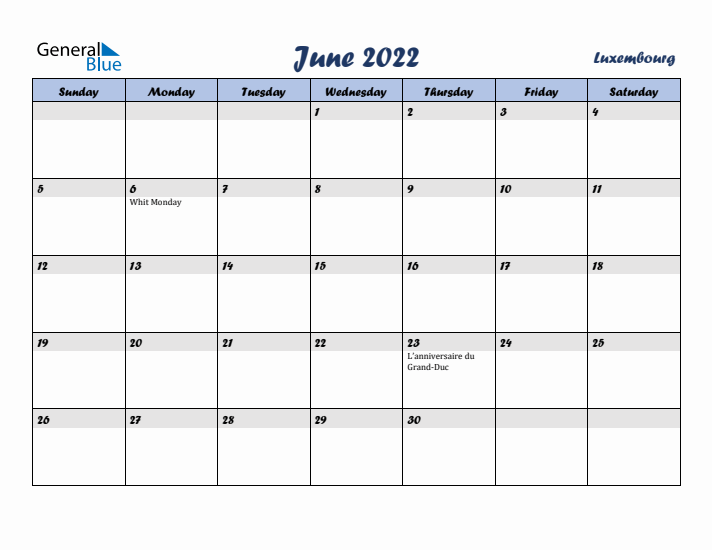 June 2022 Calendar with Holidays in Luxembourg