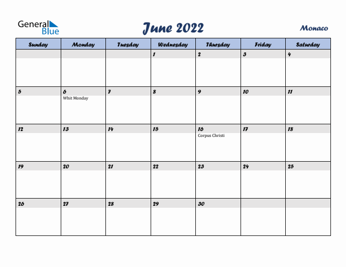 June 2022 Calendar with Holidays in Monaco