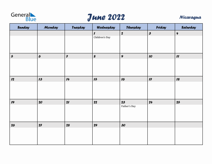 June 2022 Calendar with Holidays in Nicaragua