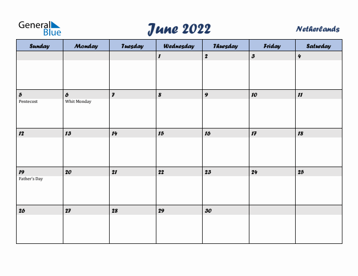 June 2022 Calendar with Holidays in The Netherlands