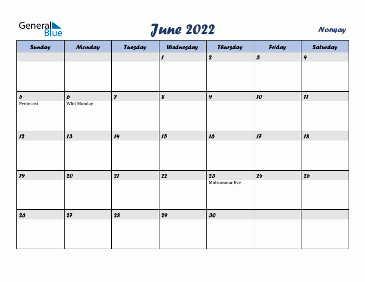 June 2022 Calendar with Holidays in Norway