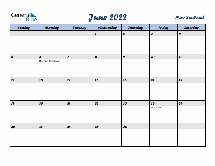 June 2022 Calendar with Holidays in New Zealand